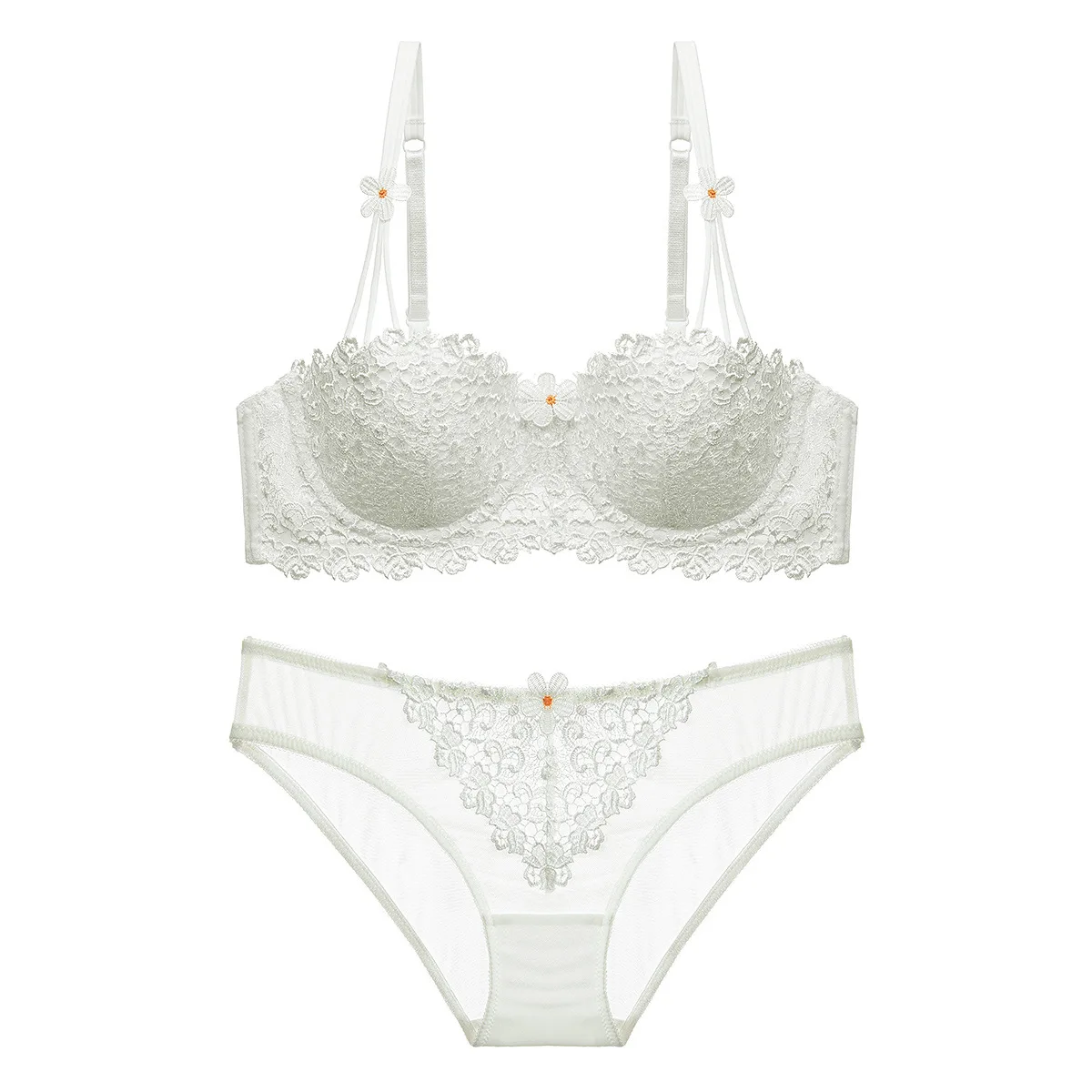 Thin Cotton Half Cup Lingerie Set Fashion Sexy Embroidered Ladies Transparent Underwear Bra Set