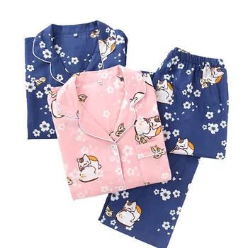 

2020 Spring New Cute Cat Printed Ladies Pajamas Set Comfort Gauze Cotton Sleepwear Set Women Turn-down Collar Loose Homewear