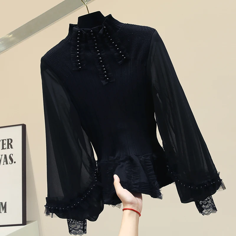 Осень зима вязаный Blusas женские галстуки толстые кружева шить Высокий воротник светильник вареный короткий свитер женские пуловеры для улицы