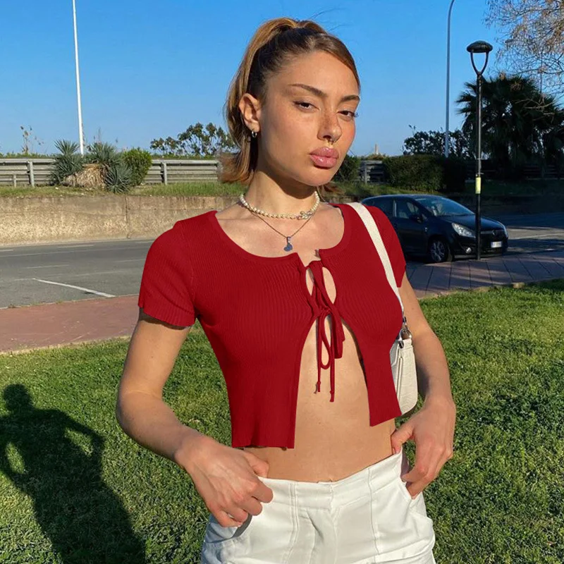 Casual Short Sleeves Design tshirt Women Streetwear Style Cotton Midriff Cardigan Sexy Women Clothing Designer 2020 Summer New