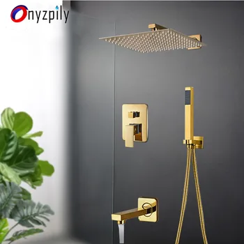 

Onyzpily Bathroom Shower Faucet Gold 8'10'12''Shower Mixer Water Tap Shower Head Stainless Steel Wall Mount W/ Hand Shower Bath