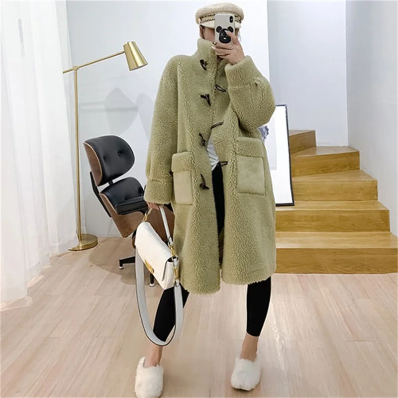 See Chat Меховое пальто Женское зимнее свободное шерстяное пальто с широкой талией воротник-стойка длинное с роговыми пуговицами Женское пальто из искусственного меха - Цвет: See Chat