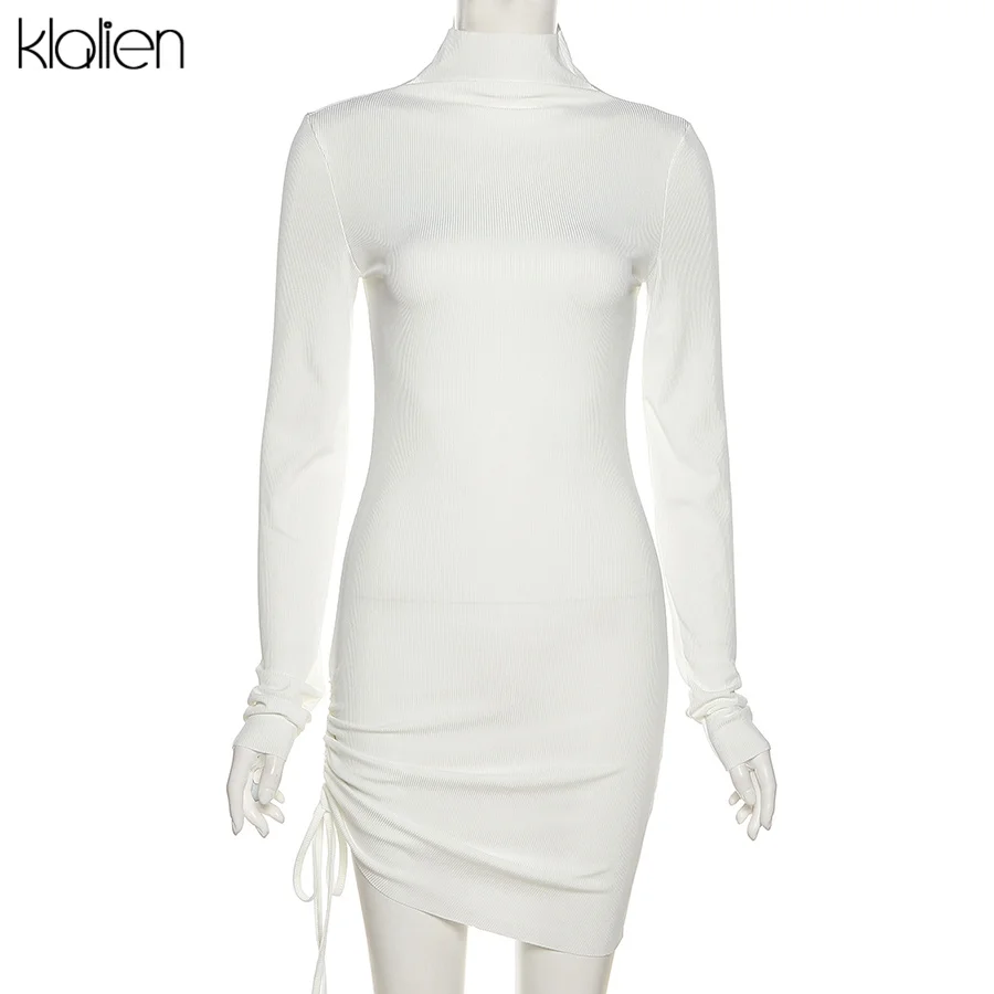 KLALIEN Autumn New Sweater Dress Women Long Sleeve Turtleneck Knit Solid Slim Drawstring Bodycon Dress Thicken Warm Streetwear homecoming dresses