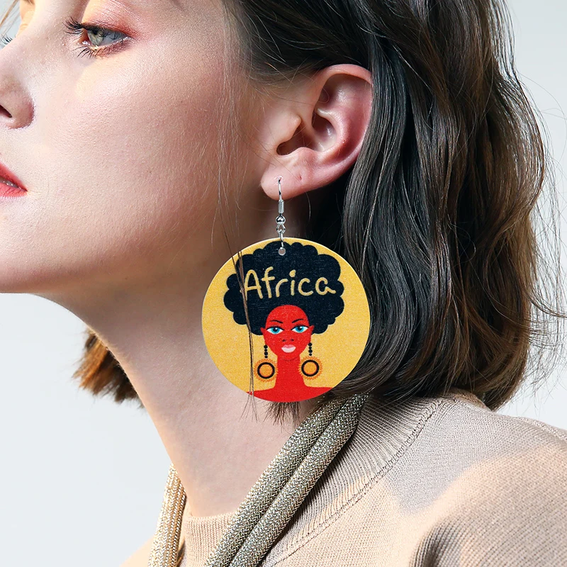 YAMEGA винтажные окрашенные африканские деревянные висячие серьги для женщин Красота голова портрет заявление Круглый Круг Африканская Этническая Серьга