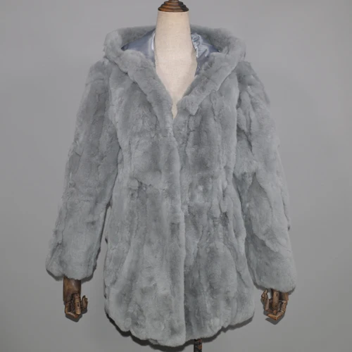 Длинная стильная Роскошная настоящая куртка с мехом кролика Рекс женская шуба из кролика рекс для девочек настоящий натуральный мех кролика рекс верхняя одежда с капюшоном - Цвет: gray