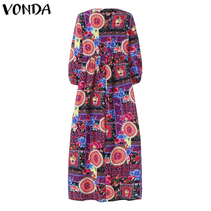 VONDA, женское платье, винтажное, v-образный вырез, богемное, с принтом, длинное, макси, платья размера плюс вечерние, Vestidos, летний сарафан, сексуальное, Femme Robe S-5XL