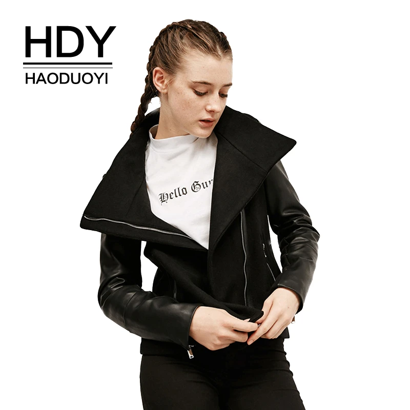 HDY Haoduoyi женские уличные шерстяные рукава сшивание Пу локомотив сплошной цветной