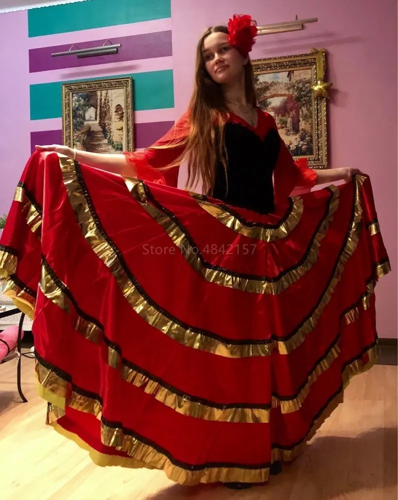 Цыганская женщина испанский Фламенко юбка полиэстер Атлас Гладкие большие качели карнавальные вечерние костюмы для Бальных Танцев Живота
