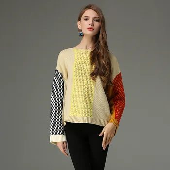 

HAMALIEL Fashion Women Split Flare Sleeve Pullovers Runway Designer Fall Winter Hit Color Knitted Thick Casual Loose Sweater Top