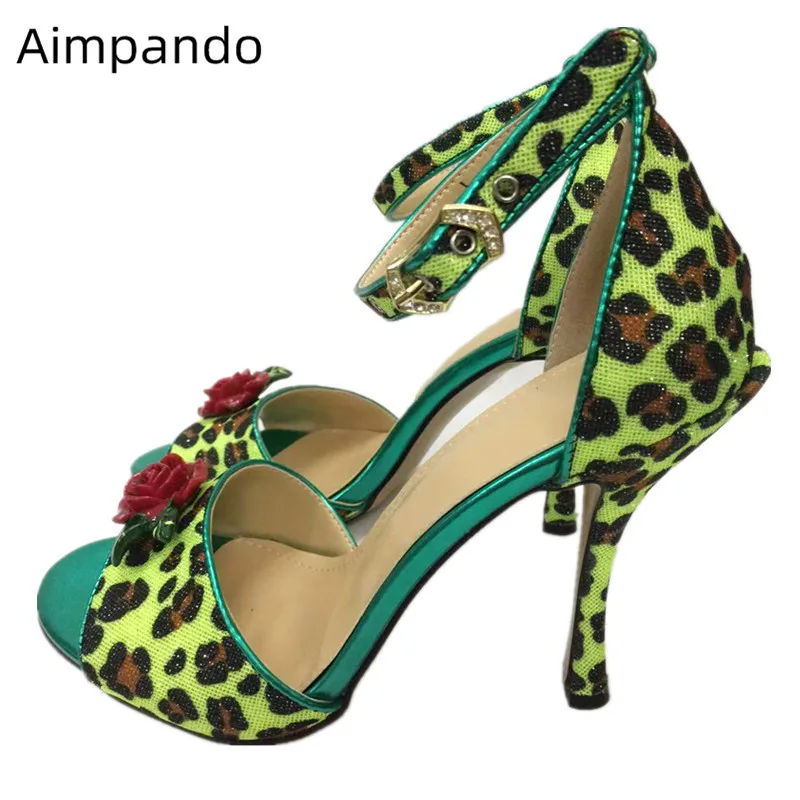 

Fluorescent Leopard High Heels Sandals Rose Decor Party Shoes Sexy Peep Toe Buckle Strap Party Heels Cover Heel Sandalias Femme