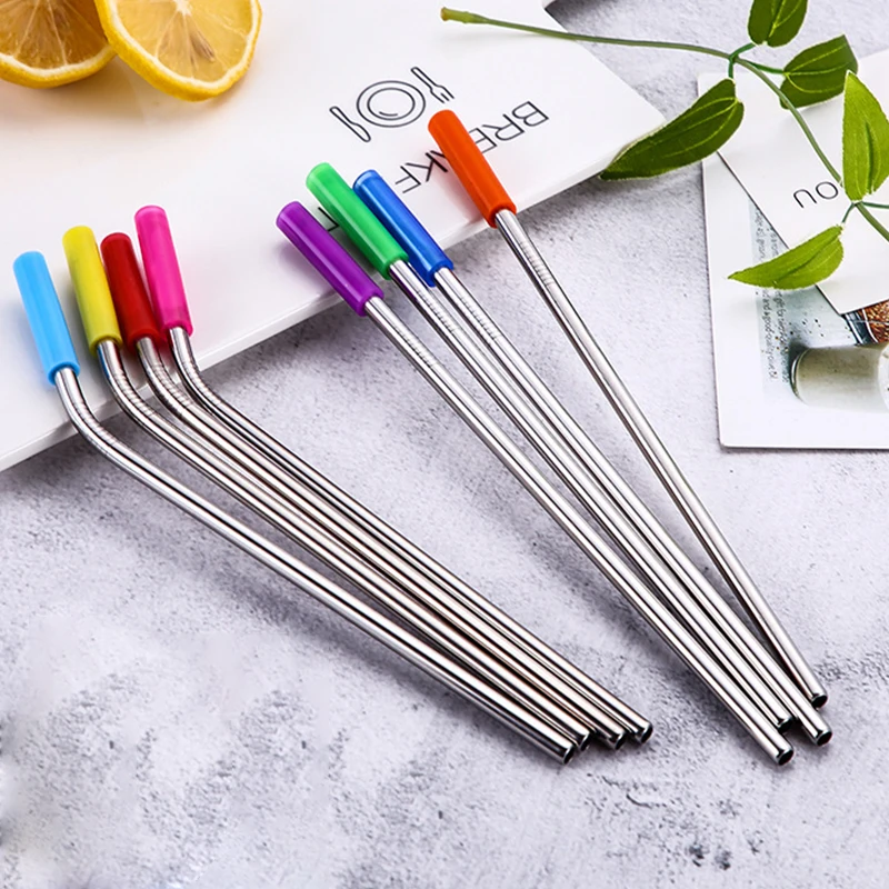 4Pcs/set Reusable Stainless Steel Straws Bent Drinking Straw with Silicone Tips,Brush and Case for Bar Party Accessories