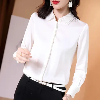 

White Satin Blouse Women 2020 Spring Summer New Turn Down Collar Long Sleeved Solid Color Embroidered Silk Tops Office Lady S-XL