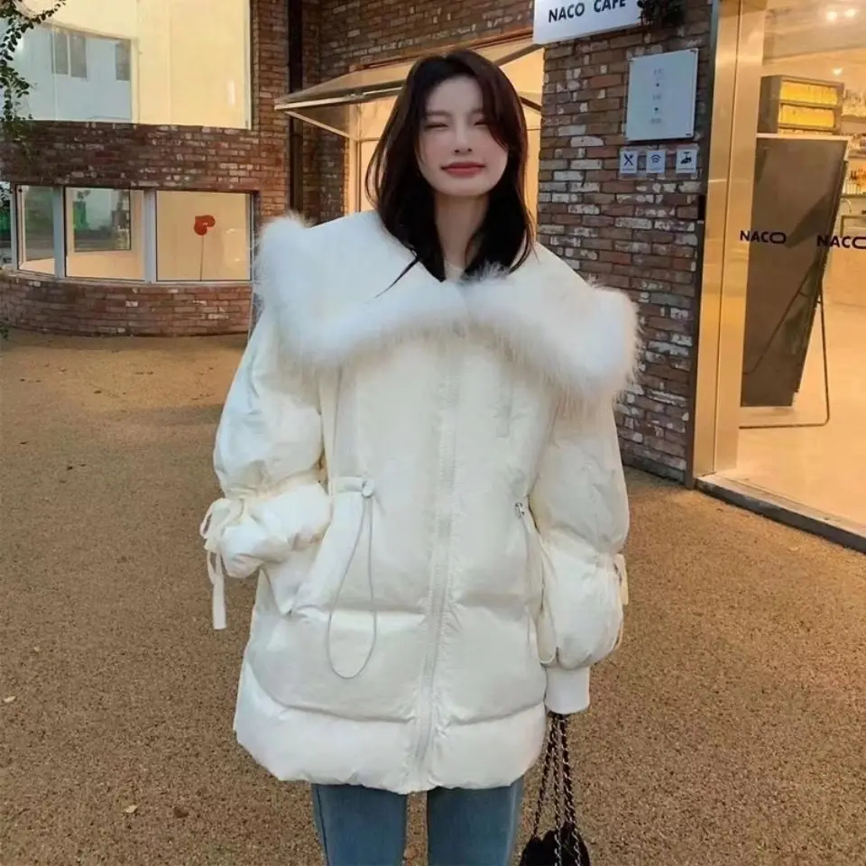 Navy collar down jacket winter 2021 new drawstring waist-in baby collar Christmas white duck down fashion red warm jacket woman