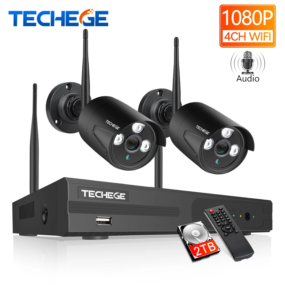 Techege 4CH WIFI CCTV System Wireless NVR Kit 2PCS 1080P HD IP Camera 2MP Outdoor Waterproof Home Security Surveillance | Безопасность и