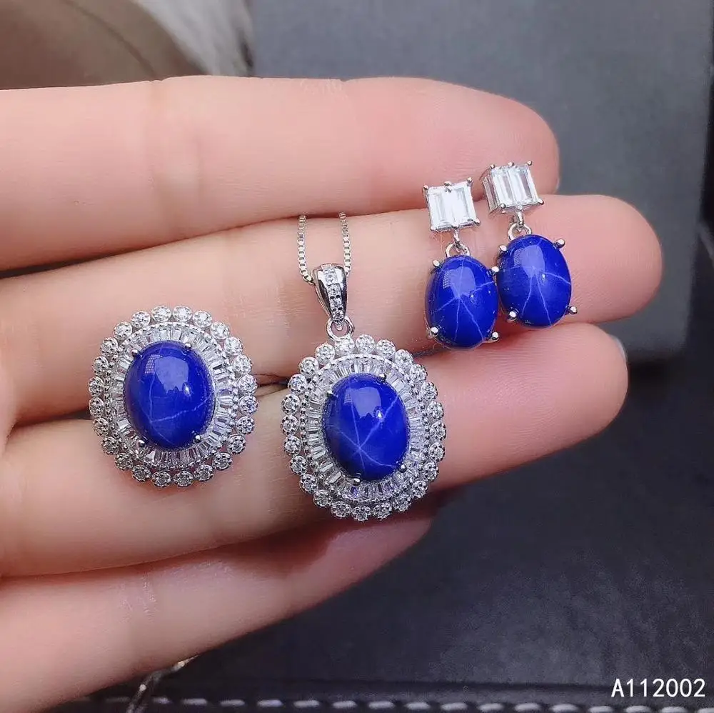

KJJEAXCMY Fine Jewelry Natural Star Sapphire 925 Sterling Silver New Women Pendant Ring Earrings Set Support Test lLxury