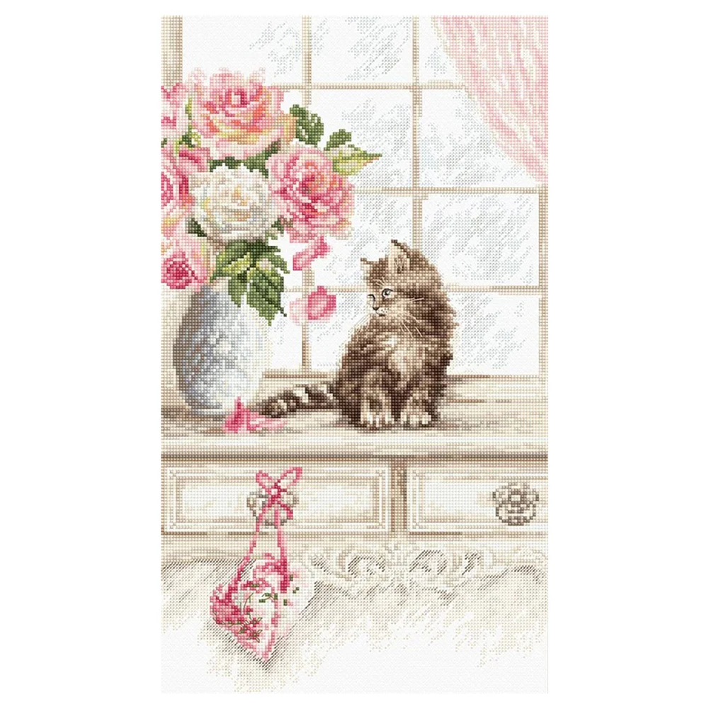 Eco-cotton Thread 11CT Stamped Print DIY Cat Pink Flower Handmade Cross Stitch Artwork Canvas Embroidery Kit Needlework Decor