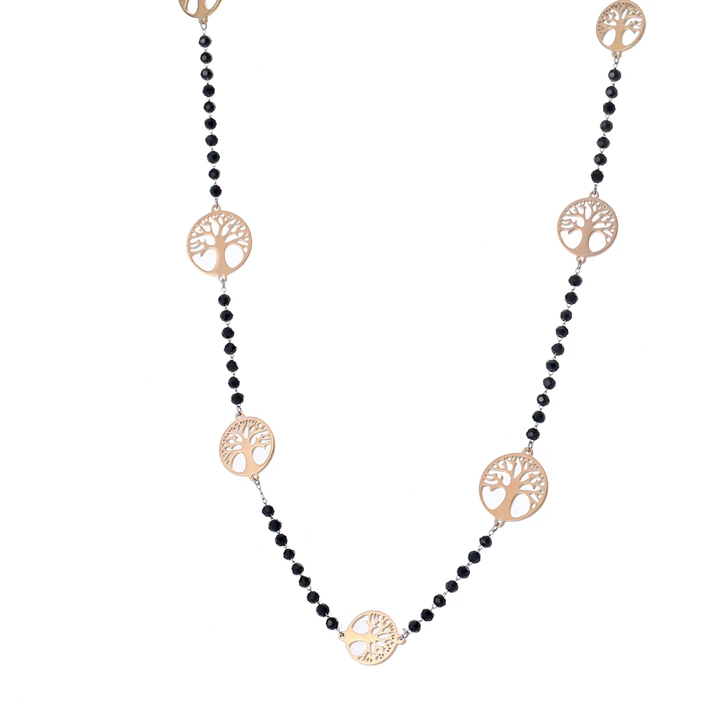 

Fashion Jewelry Simple Black Crystal Statement Necklace Women Rose Gold Long Sweater Stainless Steel Tree Of Life Pendant Chain