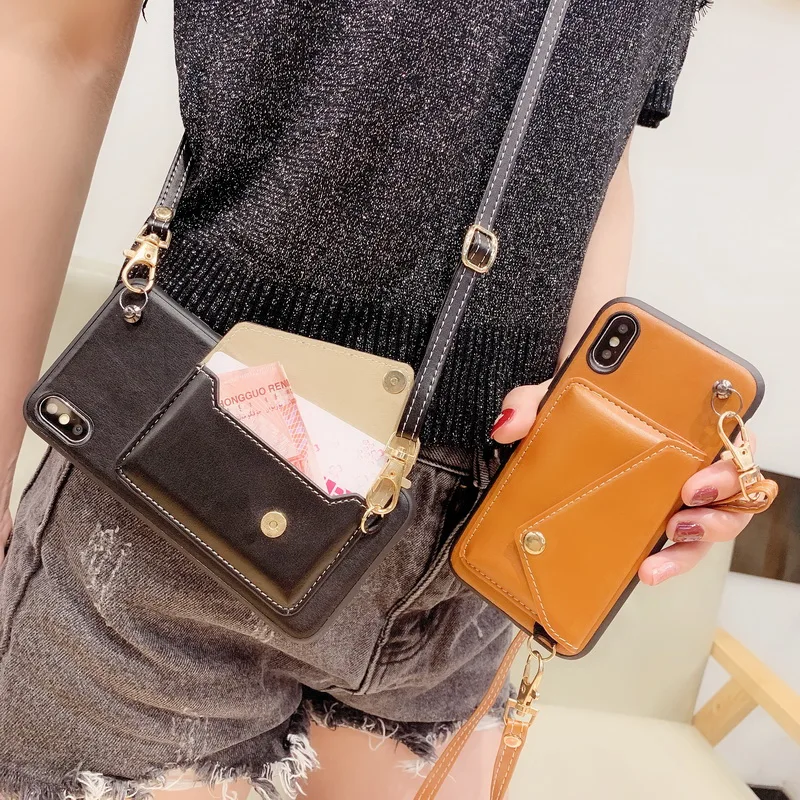 

For iPhone 11 Pro XR XS MAX X 8 7 6 s Leather Shoulder Strap Wallet Card Holder Back Case For Samsung S10 S9 Plus S10E Note 9