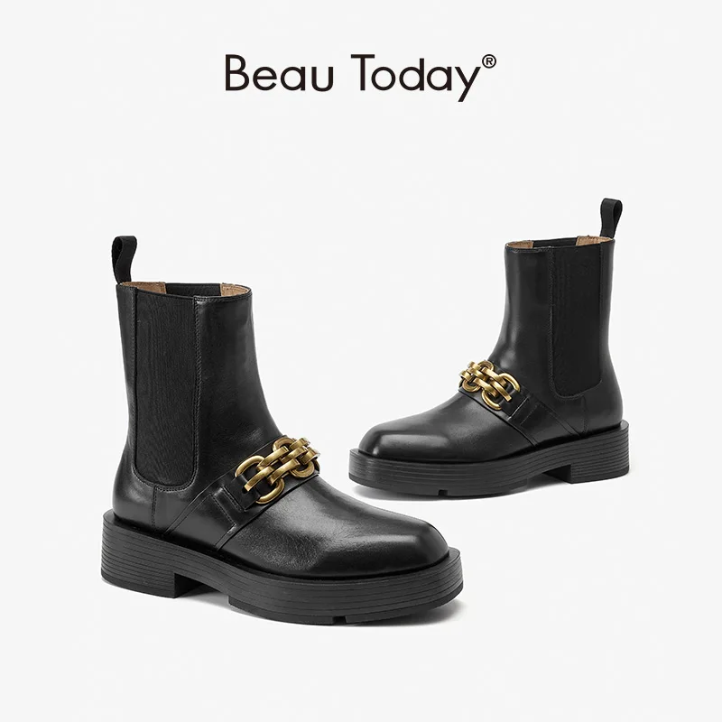 

BeauToday Ankle Boots Platform Women Cow Leather Chelsea Metal Chain Decor Elastic Band Female Thick Sole Shoes Handmade 03587