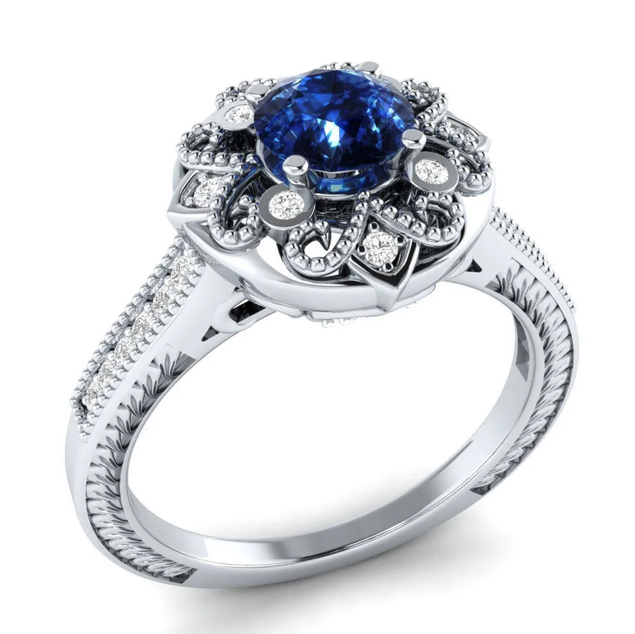 blue Bague Ringen, креативный цветок, моделирование, простое серебро 925, ювелирное изделие, женское кольцо с сапфиром, Ziron, помолвка, юбилей, свидания - Цвет камня: blue
