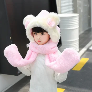 

New autumn and winter baby warm wearing hat gloves three-piece fur bow bow children's scarf