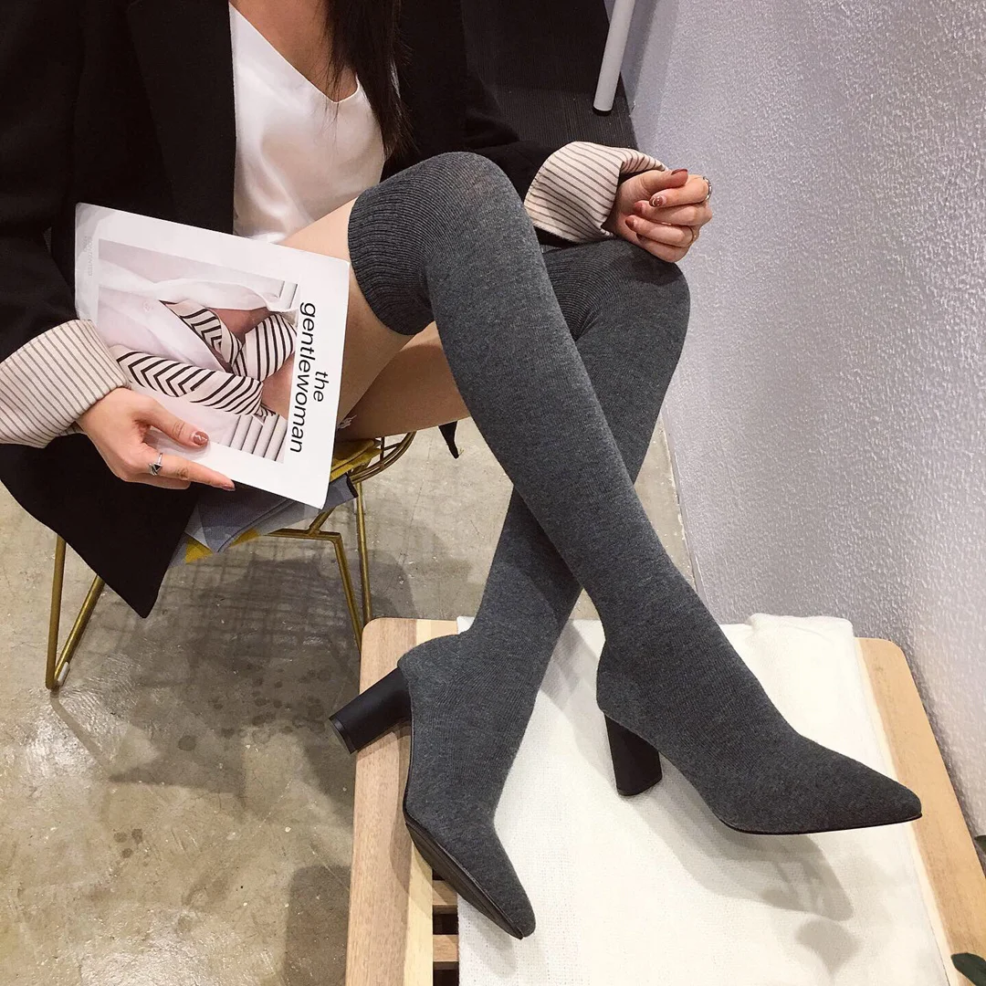 Autumn Elastic Fabric Solid Color Women's Over The Knee Sock Boots High Heels Knitting Pointed Toe Slim Botas Mujer Size 34-39