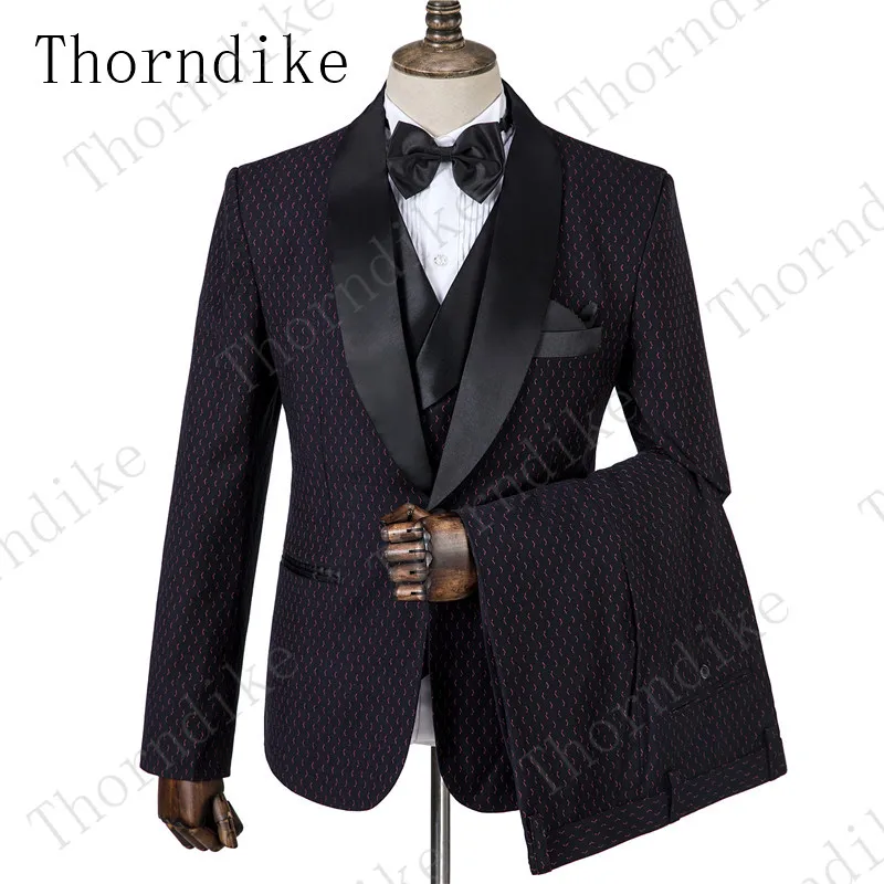 Thorndike шаль лацкан 3 шт. жаккардовый костюм для мужчин стиль черные свадебные костюмы для мужчин Выпускной мужские смокинги(куртка+ жилет+ брюки