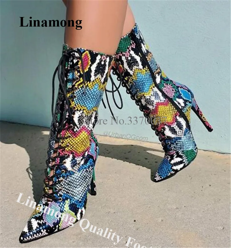 

Ботинки Linamong из змеиной кожи, на высоком каблуке, на шнуровке