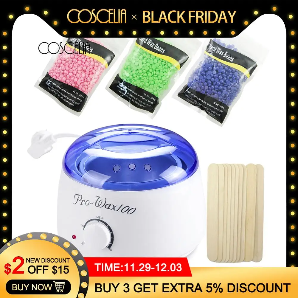 

Electric Wax Heater Set 3 Packs Hard Wax Beans 10Pcs Stir Bar Hair Removal Machine Wax For Depilation Waxing Kit Health Care
