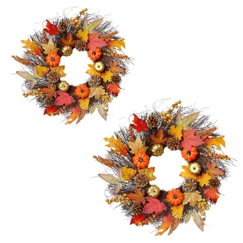 

45/60cm Simulation Pumpkin Berry Maple Leaf Wreath Garland Door Hanging Wall Window Halloween Thanksgiving Decoration