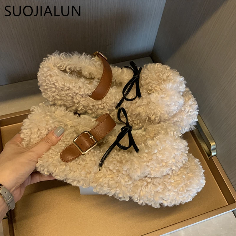 SUOJIALUN; брендовая дизайнерская женская обувь на плоской подошве с мехом; Высококачественная теплая обувь на плоской подошве из овечьей шерсти; повседневные Лоферы без застежки с круглым носком
