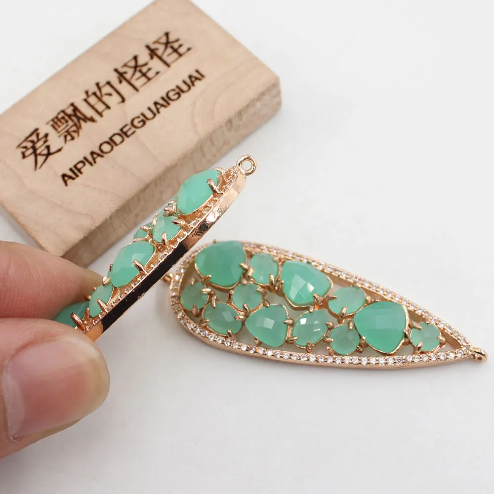 APDGG 2Pcs 19x54mm Green Jade Gold Plated Water drop Pendant Connector For Necklace Bracelet Earrings Jewelry DIY