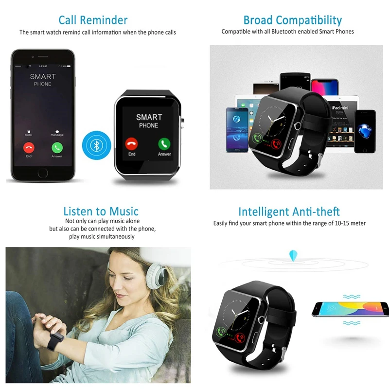 Bluetooth X6 Смарт-часы мужские с камерой перчатки для сенсорного экрана Smartch часы для Android IOS Телефон спортивные умные часы женские sim-карты