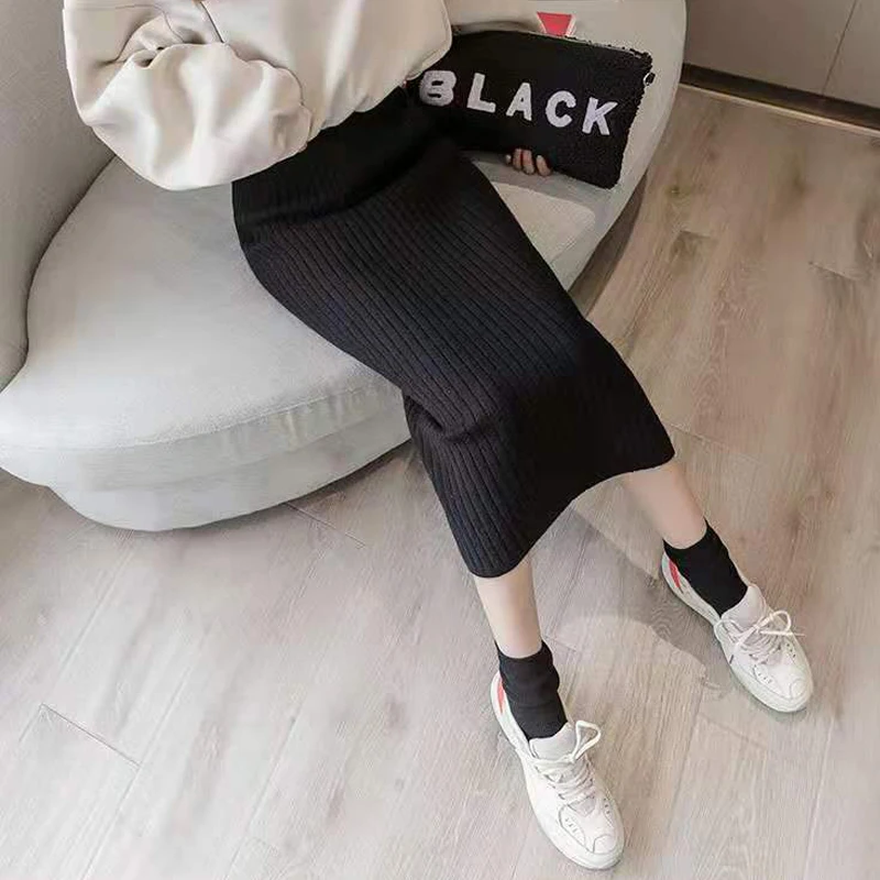 black knitted skirt Осень-зима, Серые вязаные длинные юбки для женщин, бархатная Теплая юбка с высокой талией, приталенная юбка-карандаш макси для женщин - Цвет: black knitted skirt