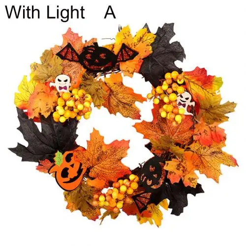 Halloween Pumpkin Wreaths Door Decoration Ghost Artificial Maple Leaf Flower Garland Rattan Berry Home Halloween decoration - Цвет: With Light   A