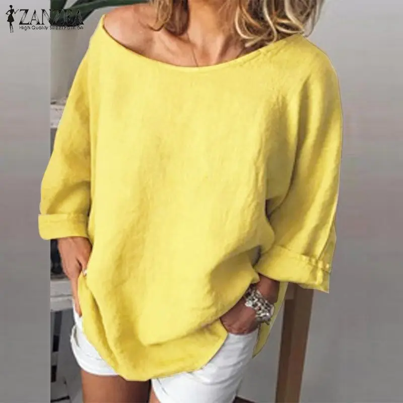 ZANZEA/Модная Осенняя блузка для женщин с длинным рукавом, Однотонные блузки Femininas, базовые Топы, халат, свободная сорочка, туника 5XL, хлопковая льняная рубашка