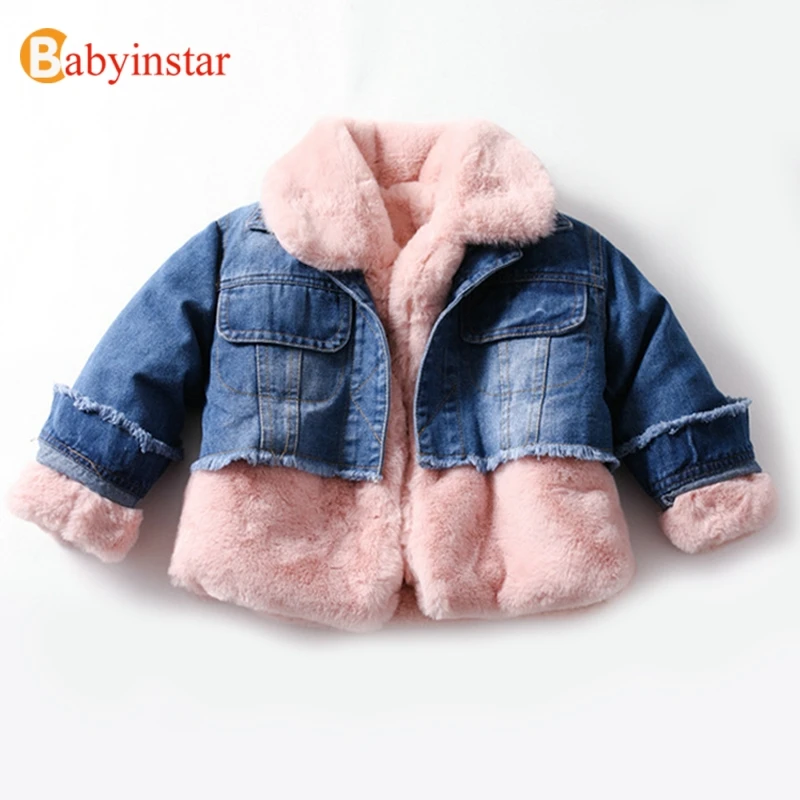 Babyinstar, новая милая джинсовая куртка из плюша в стиле пэчворк От 2 до 6 лет зимнее пальто для маленьких девочек детская зимняя куртка пальто для маленьких девочек