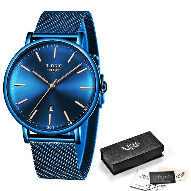Full blue LIGE женские часы лучший бренд класса люкс водонепроницаемые часы Модные женские из нержавеющей стали ультра-тонкие повседневные часы наручные, кварцевые часы - Цвет: Full blue