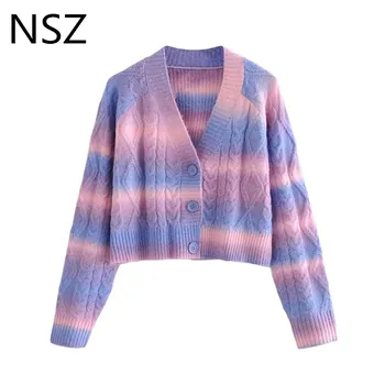 

NSZ Women Oversized Gradient Striped Cropped Top Sweater V Neck Knitted Jacket Coat Fall Fashion Outerwear Ladies Knitwear