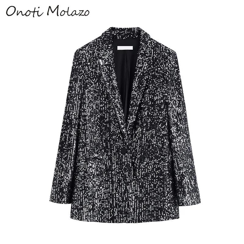 Black Onoti Molazo пальто костюм Для женщин блестками Сияющий Повседневное зимние модные вечерние женский костюм верхняя одежда для детей с длинными рукавами Chic Новинка осени - Цвет: Black