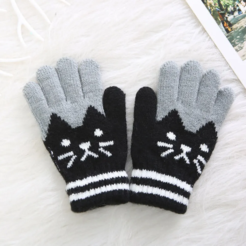 Зимние вязаные перчатки с котом для маленьких мальчиков и девочек, теплые вязаные перчатки на веревочке, перчатки для детей ясельного возраста