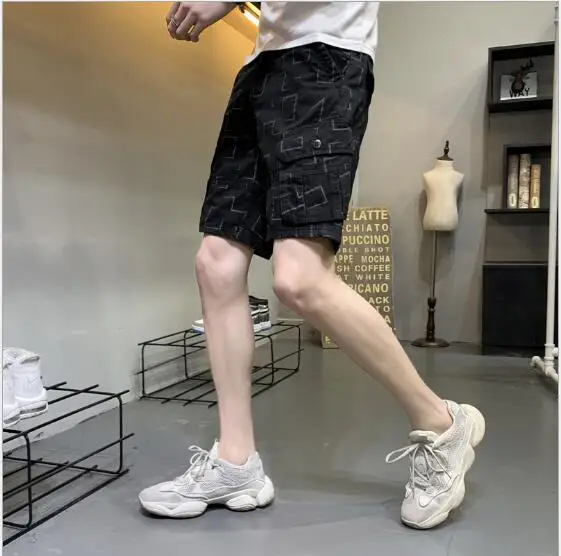 Black Plaid Мужские шорты горячая Распродажа летние модные многокарманные хлопковые однотонные шорты Мужская Верхняя одежда повседневные эластичные свободные до колен - Цвет: Black Plaid