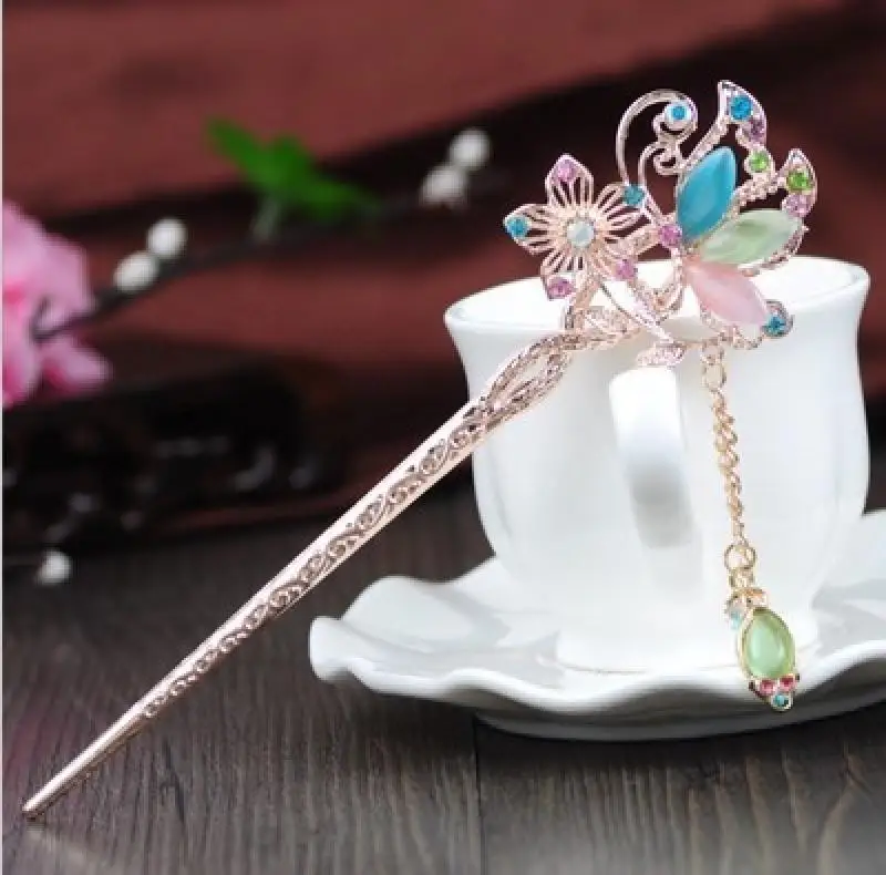 Handmade Crystal Tassel Peacock Palace Vintage Women Hair Stick Jewelry Chinese Style Hairpin Gift Accessories | Украшения и