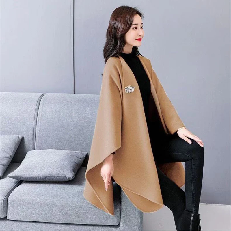 Женское длинное шерстяное пальто, весна-осень, корейская мода, Женское пальто, накидка, шаль, популярное шерстяное пальто
