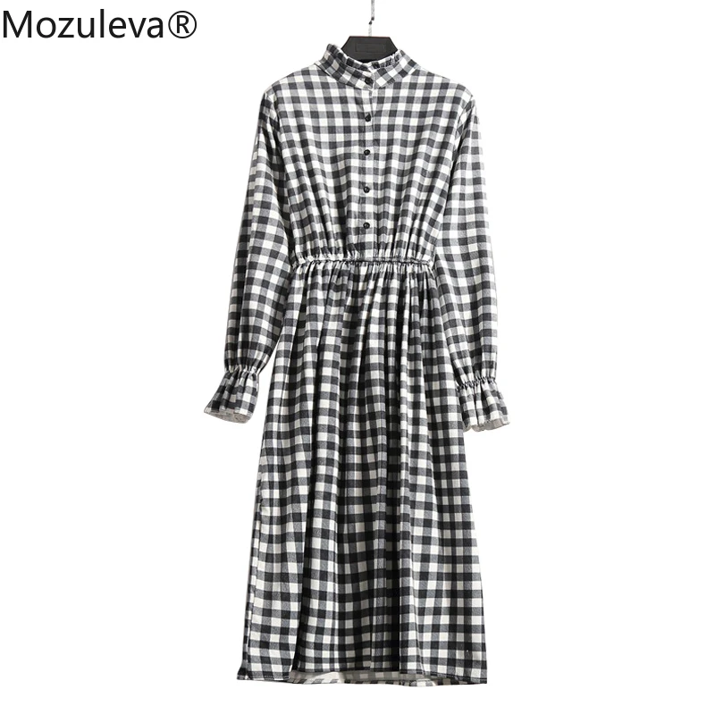 Mozuleva Corduroy High Elastic Waist Vintage Dress A-line Women Quality Flower Plaid Print Dresses Slim Feminino 19 Colors | Женская
