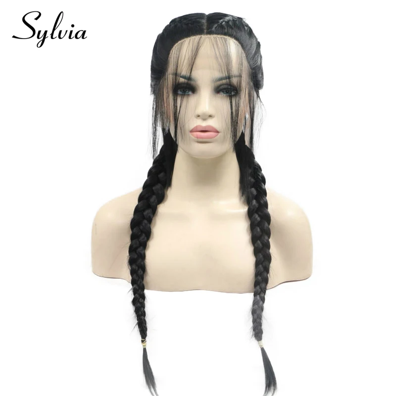 

Sylvia 1b# Black Double Braids Synthetic Lace Front Wigs with Baby Hair Middle Part Long Heat Resistant Fiber Hair For Women