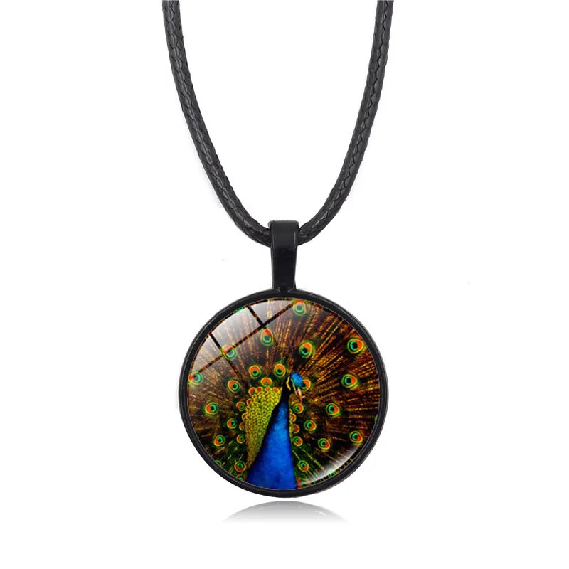 

Hot Sales Retro Peacock Time Stone Leather Rope Necklace Pendant Europe And America Top Grade Accessories
