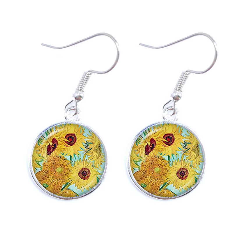 Fashion Silver Color Simple Style Earings Van Gogh Starry Night Drop Earrings Glass Cabochon Jewelry Women Gifts