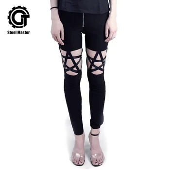 

Punk Womens Pants Dark Five Stars Hollow Out Slim Sweatpants Long Black Trousers