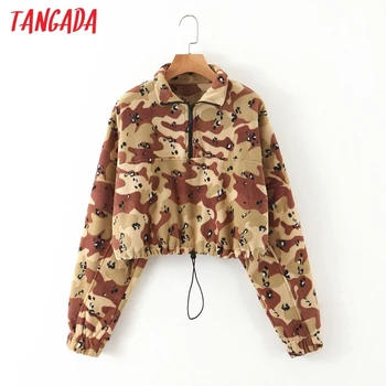 

Tangada women zipper Camouflage fleece sweatshirts oversize loose crop pullovers female tops 8H4